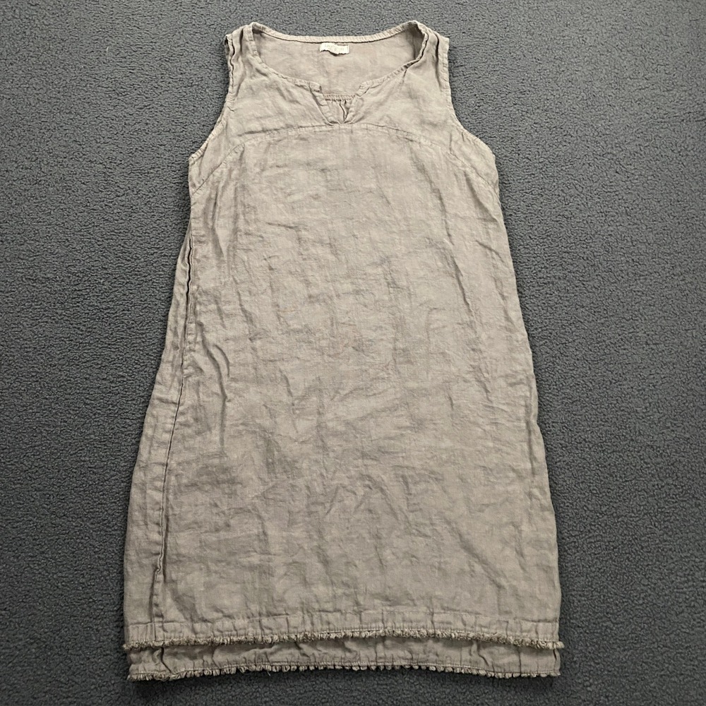 Lina Tomei Dress Women Small Taupe Linen Fringed Hem Italy Lagenlook Boho Summer